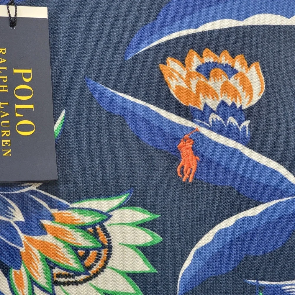 Polo Ralph Lauren Mens Med Classic-Fit Tropical Print Mesh Polo Hawaiian Blue